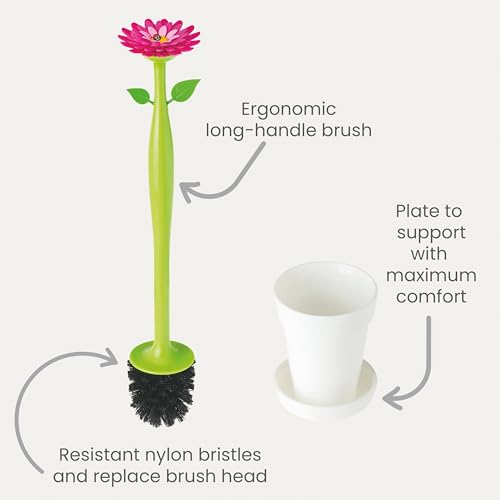 Vigar Flower Power Toilet Brush with Holder Set Toilet Brush with Daisy-shaped Handle, Flowerpot Base with Saucer Durable Bristles for Bathroom, White - Image 3
