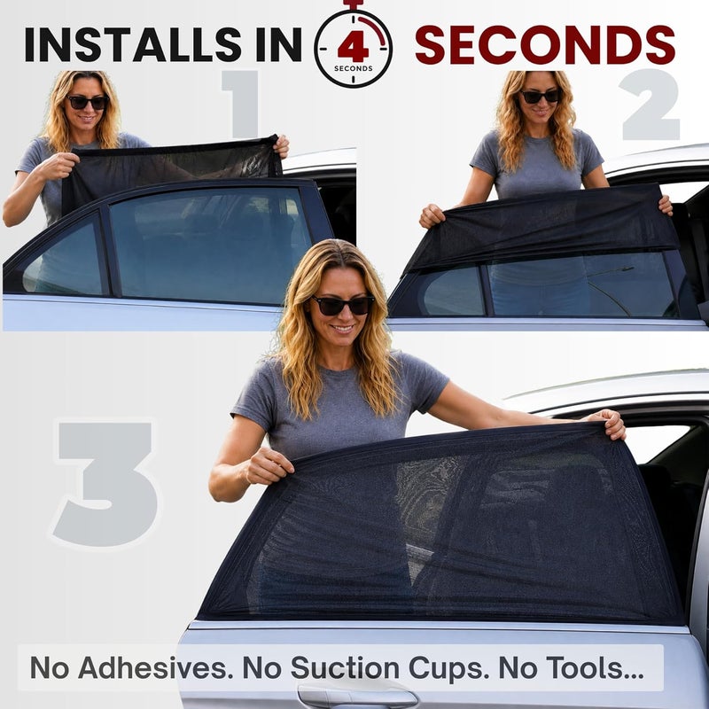 Qualizzi ML/Car Window Sun Shades, 2-Pack/8 Sizes, for SUVs. Stretch-to-Fit H:18" x W:42" Rear Windows. Heat-Blocking Mesh Screens to Protect Back Seat from Sun, UV & Bugs, Cooler Travel for Kids. |® - Image 3