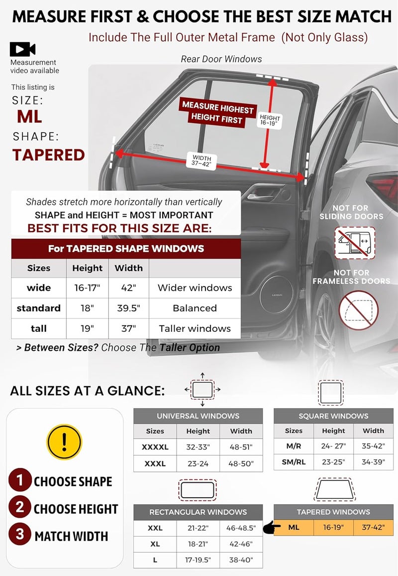Qualizzi ML/Car Window Sun Shades, 2-Pack/8 Sizes, for SUVs. Stretch-to-Fit H:18" x W:42" Rear Windows. Heat-Blocking Mesh Screens to Protect Back Seat from Sun, UV & Bugs, Cooler Travel for Kids. |® - Image 5