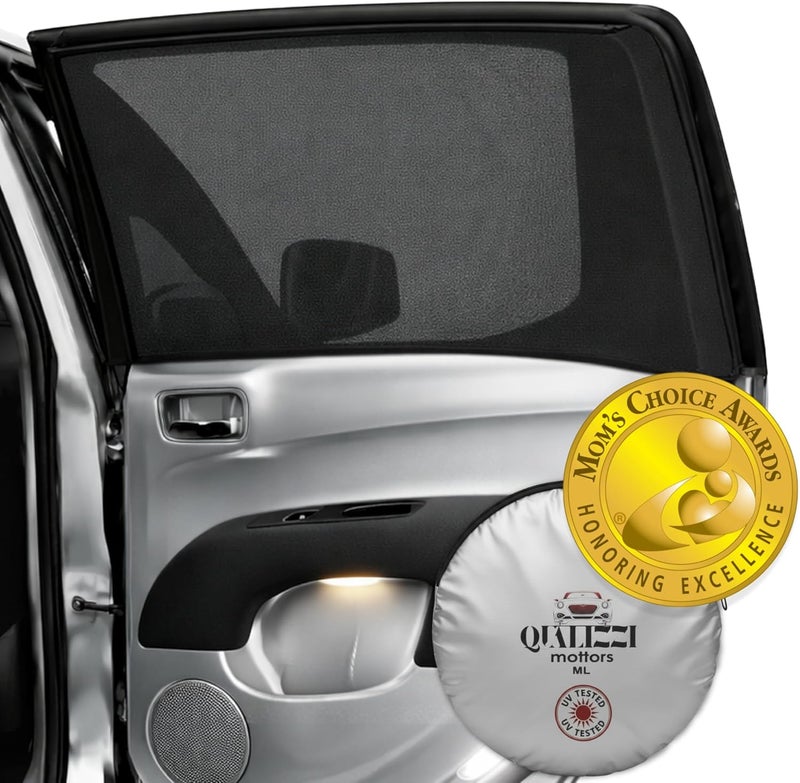 Qualizzi ML/Car Window Sun Shades, 2-Pack/8 Sizes, for SUVs. Stretch-to-Fit H:18" x W:42" Rear Windows. Heat-Blocking Mesh Screens to Protect Back Seat from Sun, UV & Bugs, Cooler Travel for Kids. |® - Image 1