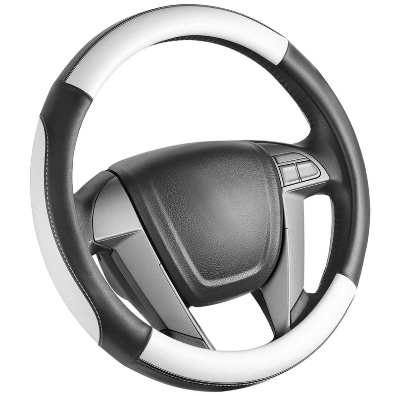 SEG Direct Car Steering Wheel Cover Small Size for Prius Civic Model 3 Model Y Camaro Rogue with 1414 14 inches Outer Diameter Black and White Mirofiber Leather