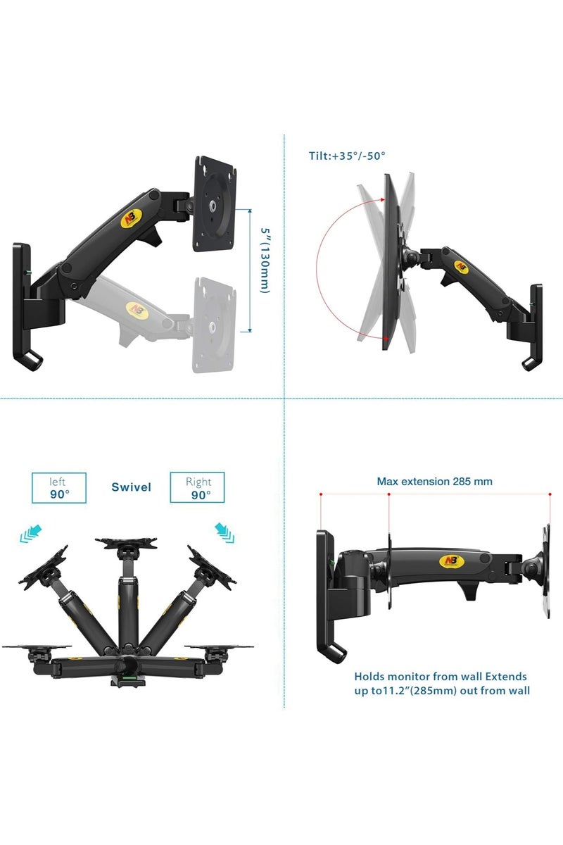 NB ERGONOMIC NB North Bayou TV Monitor Wall Mount Bracket Full Motion Articulating Swivel for 17-27 Inch Monitors with Gas Spring (Black Single Extension) F120-B - Image 4