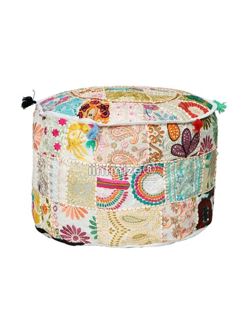 iinfinize Jaipuri Patch Work Design Pouf Cover 12 Inch Round Handmade Traditional Styles Stool Ottoman Seating Chair Decor Pouf