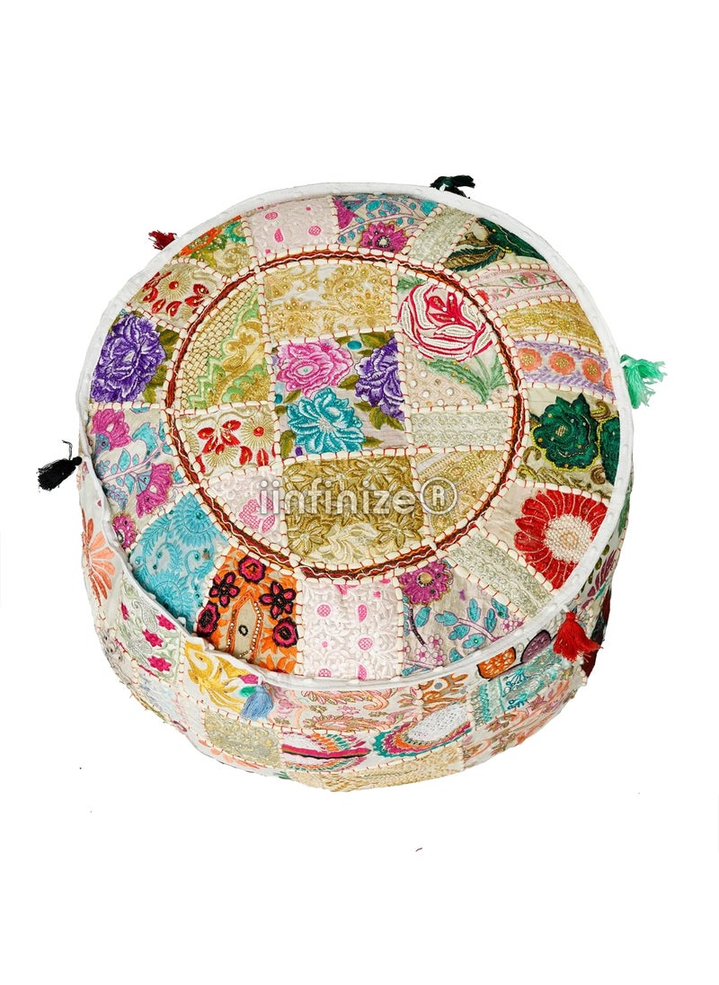 iinfinize - iinfinize Jaipuri Patch Work Design Pouf Cover 12 Inch Round Handmade Traditional Styles Stool Ottoman Seating Chair Decor Pouf - Image 1