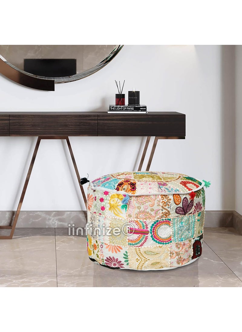 iinfinize - iinfinize Jaipuri Patch Work Design Pouf Cover 12 Inch Round Handmade Traditional Styles Stool Ottoman Seating Chair Decor Pouf - Image 1
