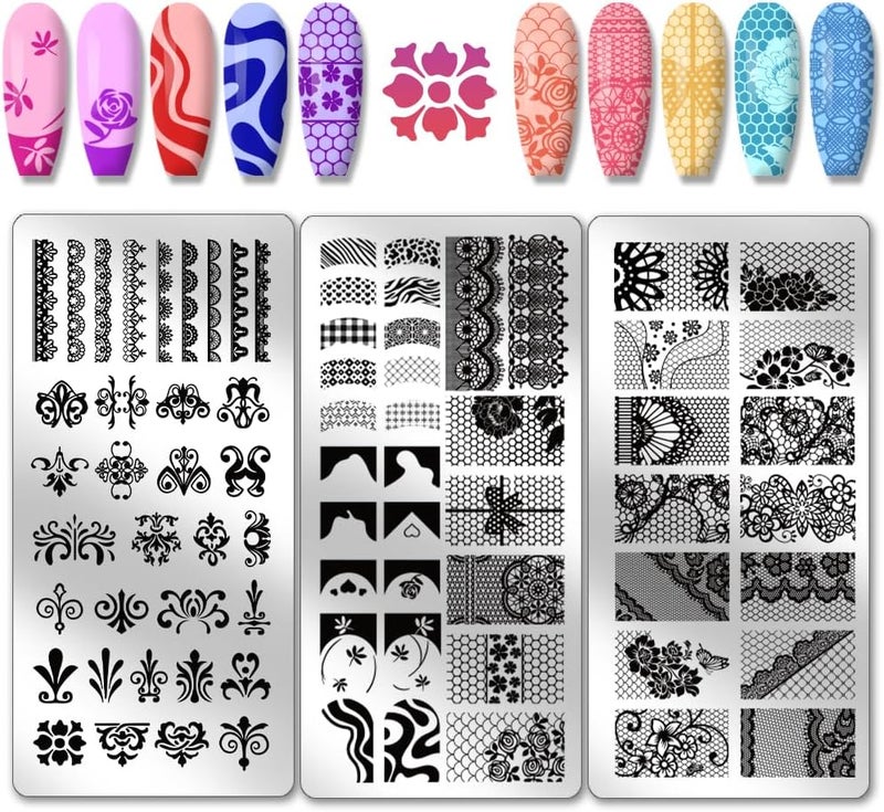 PH PandaHall 3pcs French Lace Pattern Nail Stamp Plate Flower Lace Nail Art Template Stainless Steel Nail Image Plate Lace Pattern Nails Art Stencils for Women DIY Printing 12x6cm