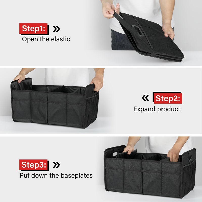 YSSOA Car Trunk Organizer, 2 Compartments Anti-slip 14" D x 22" W x 12" H Collapsible Trunk Storage, 600D Oxford Polyester Car Storage, Suitable for SUV, Minivan, Truck, Black - Image 3