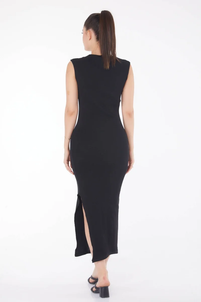 Tofisa Plain Crew Neck Women's Black Stone Detailed Zero Sleeve Dress - 25836