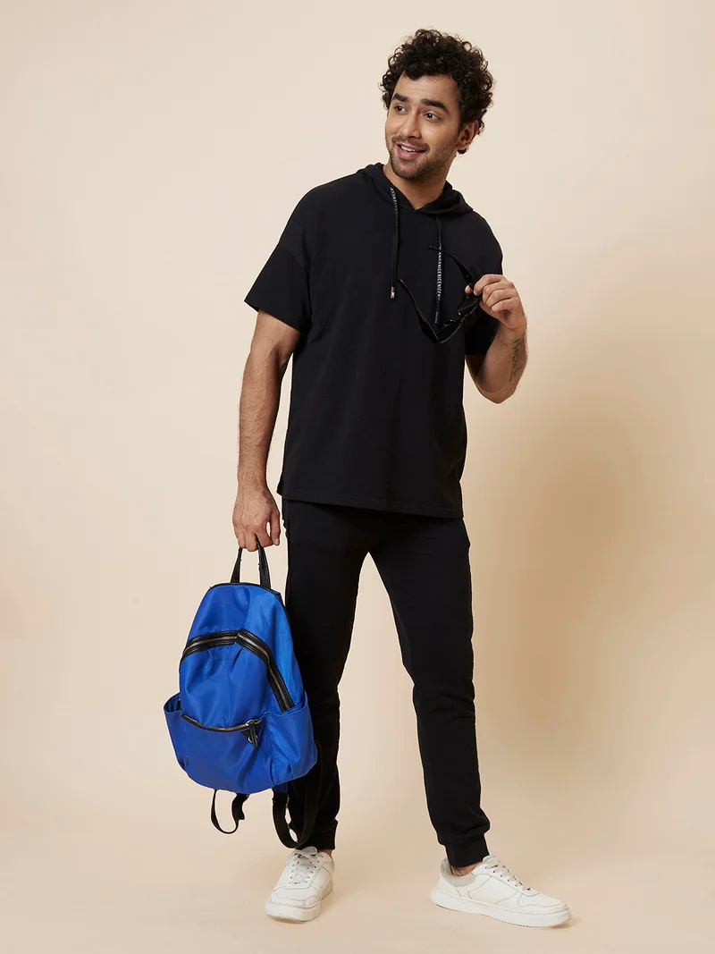 Globus Men Black Sports Co-Ords Set with Solid T-shirt and Joggers