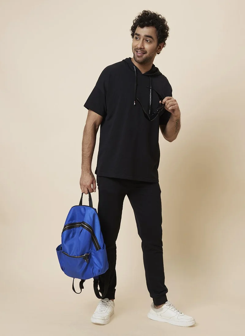 Globus Men Black Sports Co-Ords Set with Solid T-shirt and Joggers