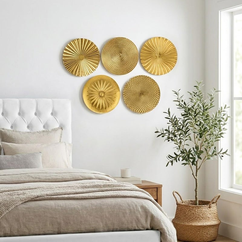Briful Cost saving user oriented build 12" Gold Wall Décor Pack of 5 Metal Starbursts Radial Plate Wall Art Modern Accent Hanging Wall Decorations For Home Office Bedroom Or Living Room Sculptures Budget friendly premium quality - Image 5