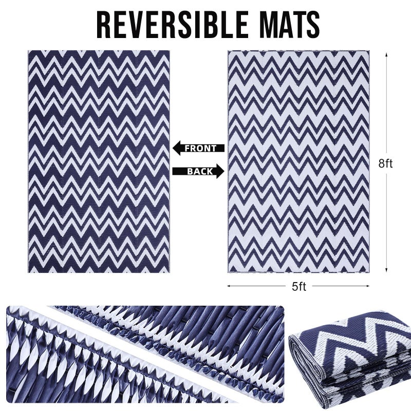 OLANLY Waterproof Outdoor Rug 5x8 ft Clearance, Reversible Outdoor Plastic Straw Rug, RV Mat, Indoor Outdoor Carpet for Patio, Camping, Balcony, Deck, Backyard, Navy & White - Image 2
