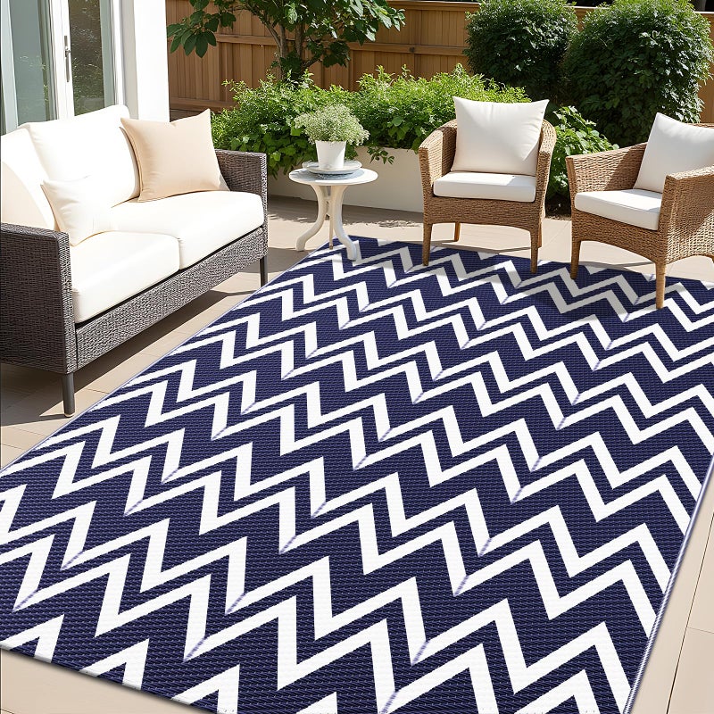 OLANLY Waterproof Outdoor Rug 5x8 ft Clearance, Reversible Outdoor Plastic Straw Rug, RV Mat, Indoor Outdoor Carpet for Patio, Camping, Balcony, Deck, Backyard, Navy & White - Image 1