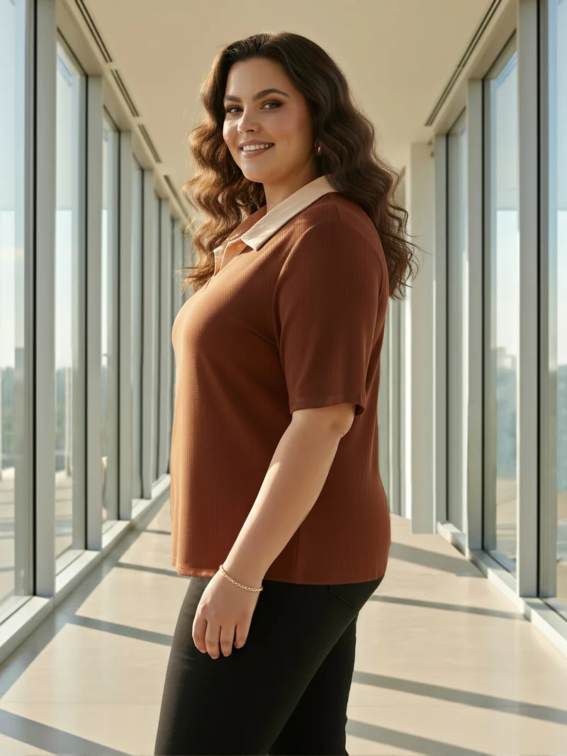 globus Globus Gloplus Women Brown Collared Neck Short Sleeves Ribbed Plus Size Workwear Top