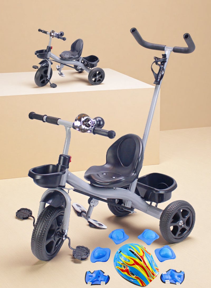 إيزي فيتشور دراجة ثلاثية العجلات سهلة الاستخدام بمقبض دفع للوالدين للأطفال - لعبة ركوب دراجة أطفال مع سلة تخزين (خيارات الألوان الرمادية/الحمراء/الوردية) تتضمن العبوة مجموعة كاملة من معدات الحماية - Image 1