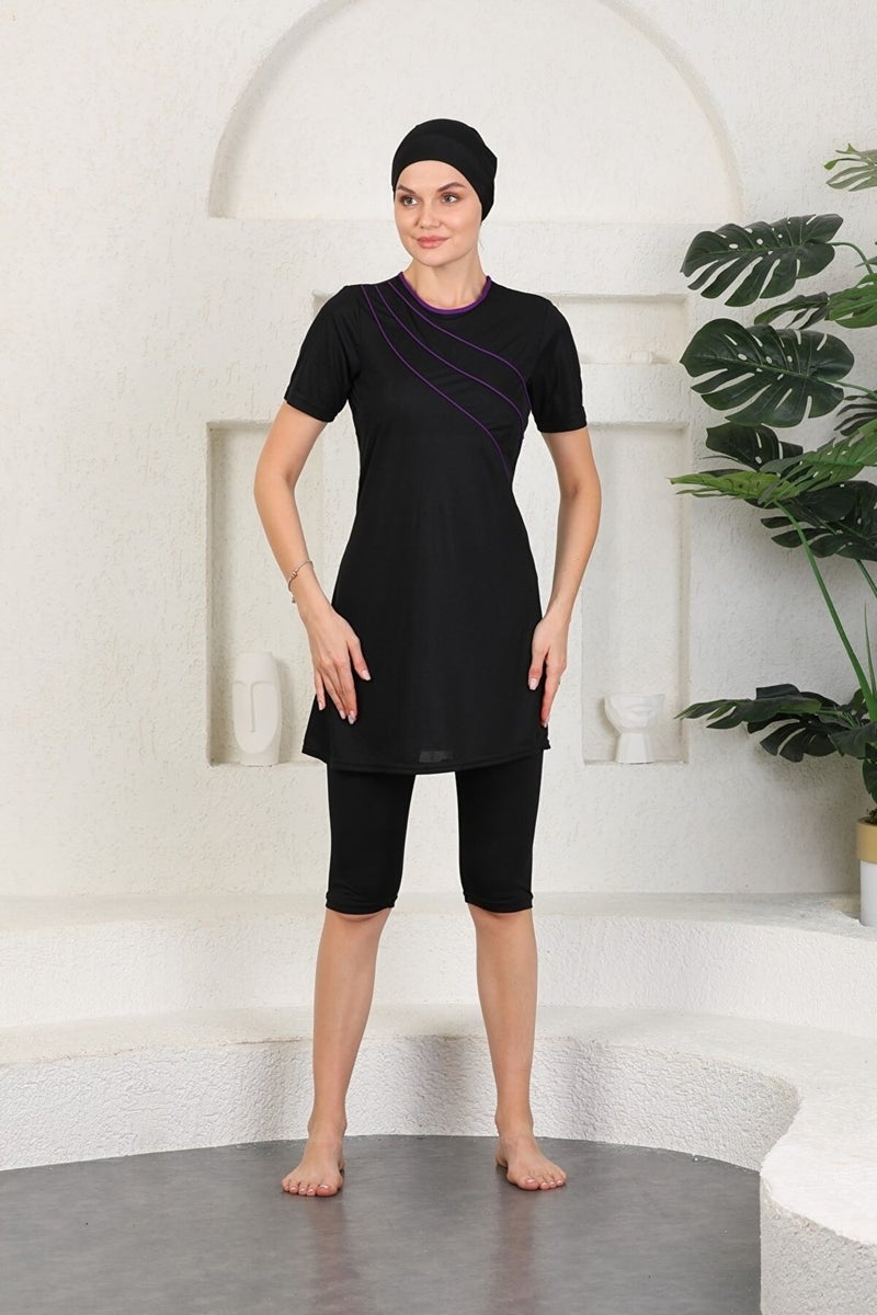 Aslınur Clothing Swimsuit Lycra Quick Dry Striped Semi Covered Hijab Swimsuit Black  - Image 1