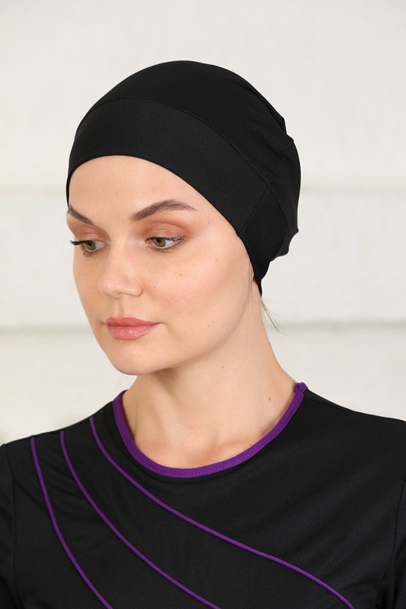 Aslınur Clothing Swimsuit Lycra Quick Dry Striped Semi Covered Hijab Swimsuit Black  - Image 4