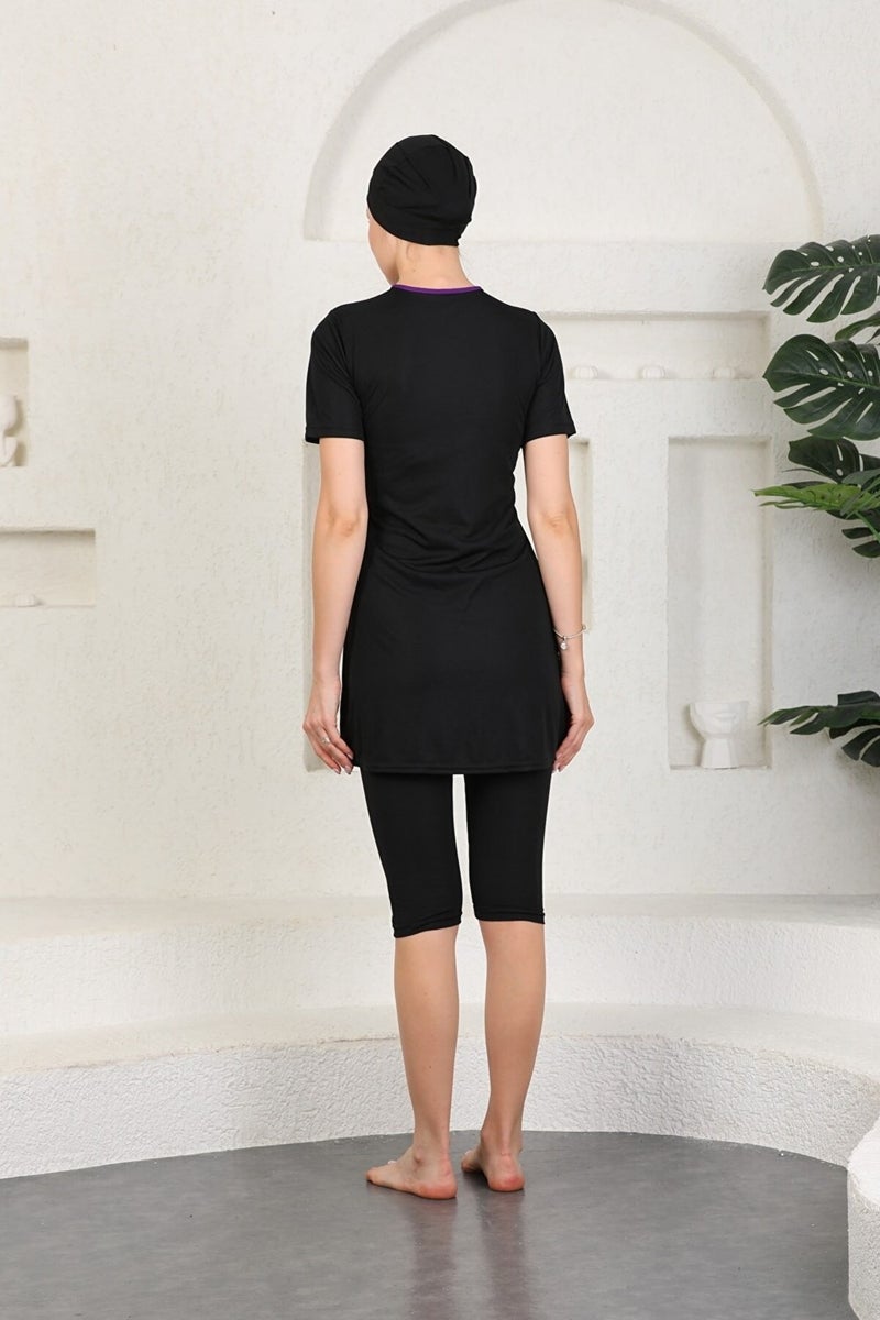 Aslınur Clothing Swimsuit Lycra Quick Dry Striped Semi Covered Hijab Swimsuit Black  - Image 3