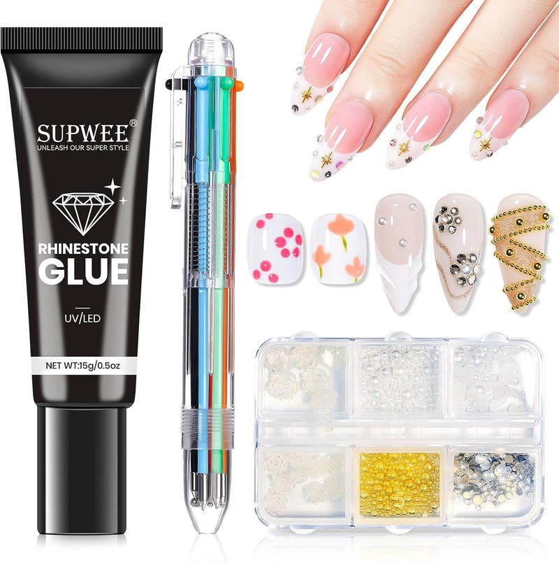 طقم غراء رينستون للأظافر 15 جرام لاصق قوي مع قلم تزيين 6 في 1 و 6 مقصورات لزينة الأظافر أدوات فن الأظافر UVLED للتصميم ثلاثي الأبعاد في صالون المنزل