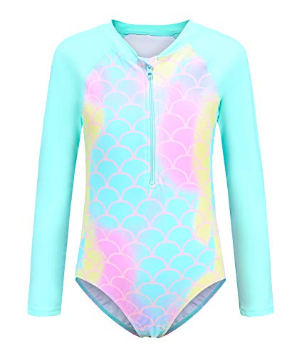 HowJoJo Girls One Piece Bathing Suits Long Sleeve Zipper Swimsuits UPF 50+/Sun Protection Rash Guard Mermaid Size 8 - Image 1
