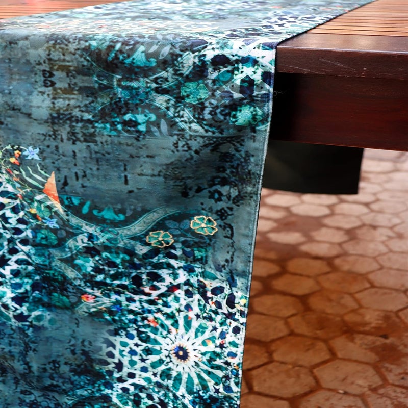 Zeba Zeba World Moghul Inspired Digital Print Emerald Green Enhanced Decor 6 Seater Table Runner Cloth, Table Runner for Living Room, Dining Table Runner - (Size : 12" X 84" ; 30 Cms X 213 Cms) - Image 2