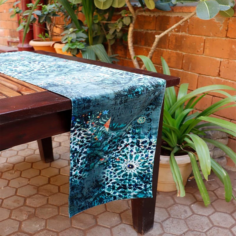 Zeba Zeba World Moghul Inspired Digital Print Emerald Green Enhanced Decor 6 Seater Table Runner Cloth, Table Runner for Living Room, Dining Table Runner - (Size : 12" X 84" ; 30 Cms X 213 Cms) - Image 1