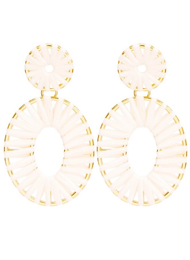 BaubleStar Raffia Tassel Fringe Rattan Hoop Drop Statement Earrings White Tiered Thread Handmade Round Oval Cirle Dangle Fashion Jewelry For Women - Image 1
