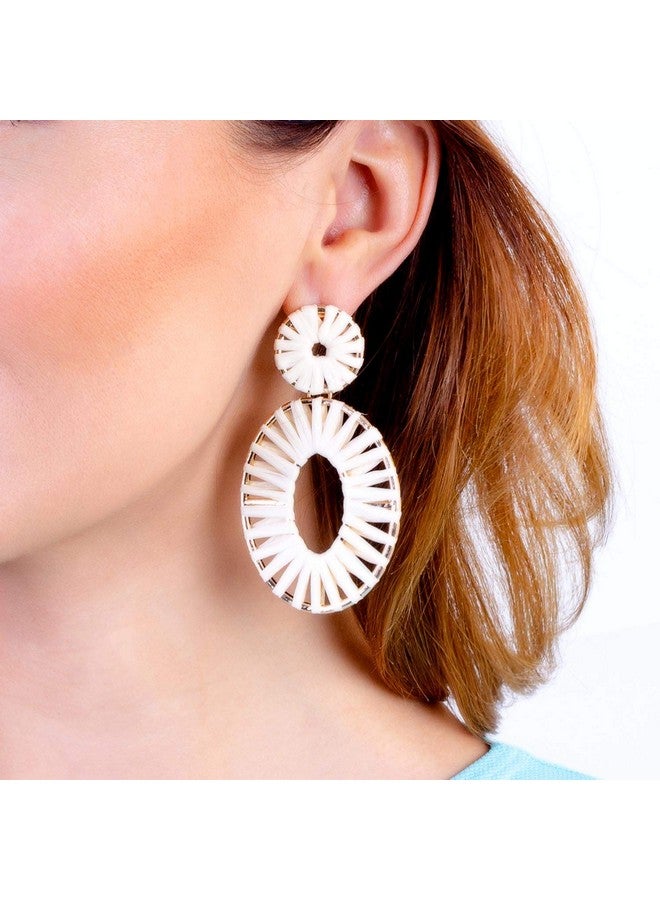 BaubleStar Raffia Tassel Fringe Rattan Hoop Drop Statement Earrings White Tiered Thread Handmade Round Oval Cirle Dangle Fashion Jewelry For Women - Image 2