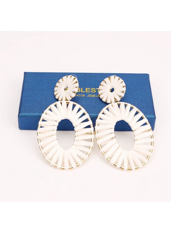 BaubleStar Raffia Tassel Fringe Rattan Hoop Drop Statement Earrings White Tiered Thread Handmade Round Oval Cirle Dangle Fashion Jewelry For Women - Image 5