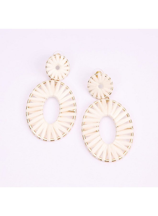 BaubleStar Raffia Tassel Fringe Rattan Hoop Drop Statement Earrings White Tiered Thread Handmade Round Oval Cirle Dangle Fashion Jewelry For Women - Image 3