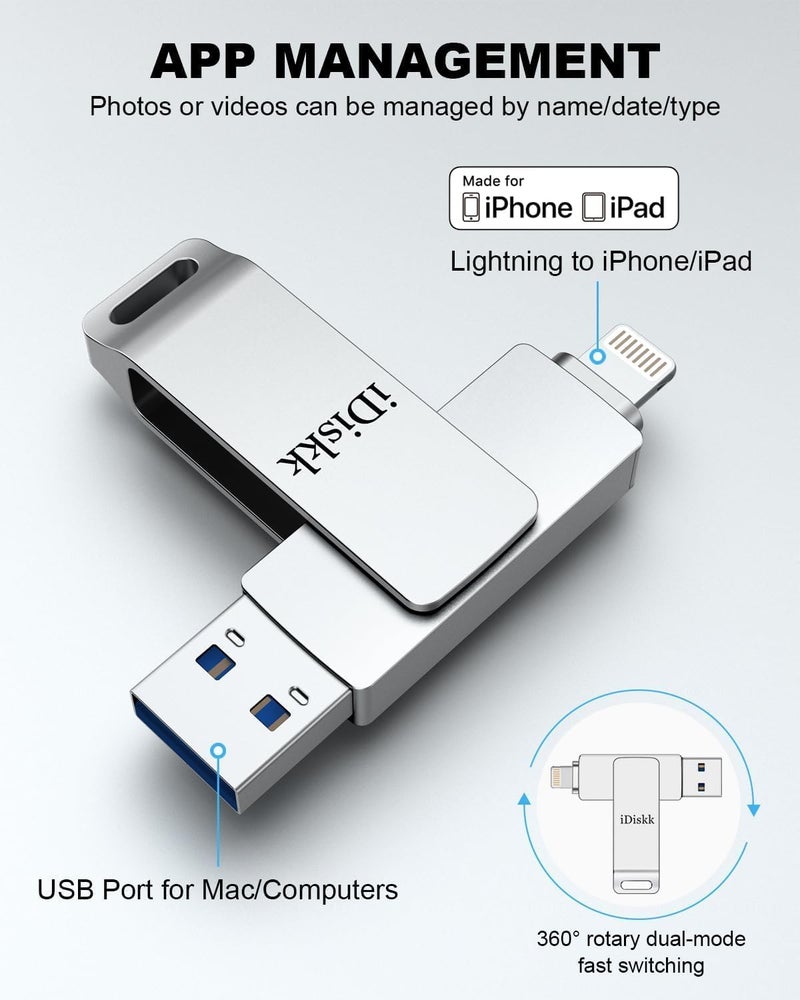 آيديسك محرك أقراص فلاش سعة 32 جيجابايت معتمد من MFi لمنفذ Lightning لأجهزة iPhone/iPad/PC، USB 3.0، ذاكرة فلاش TLC، مدمج وآمن - Image 3