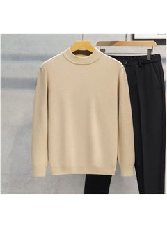 Mens Autumn Winter Fashionable Simple Round Neck Knitted Top Sweater Elastic Comfortable Soft Color Versatile Sleeve Sweatshirt Apricot