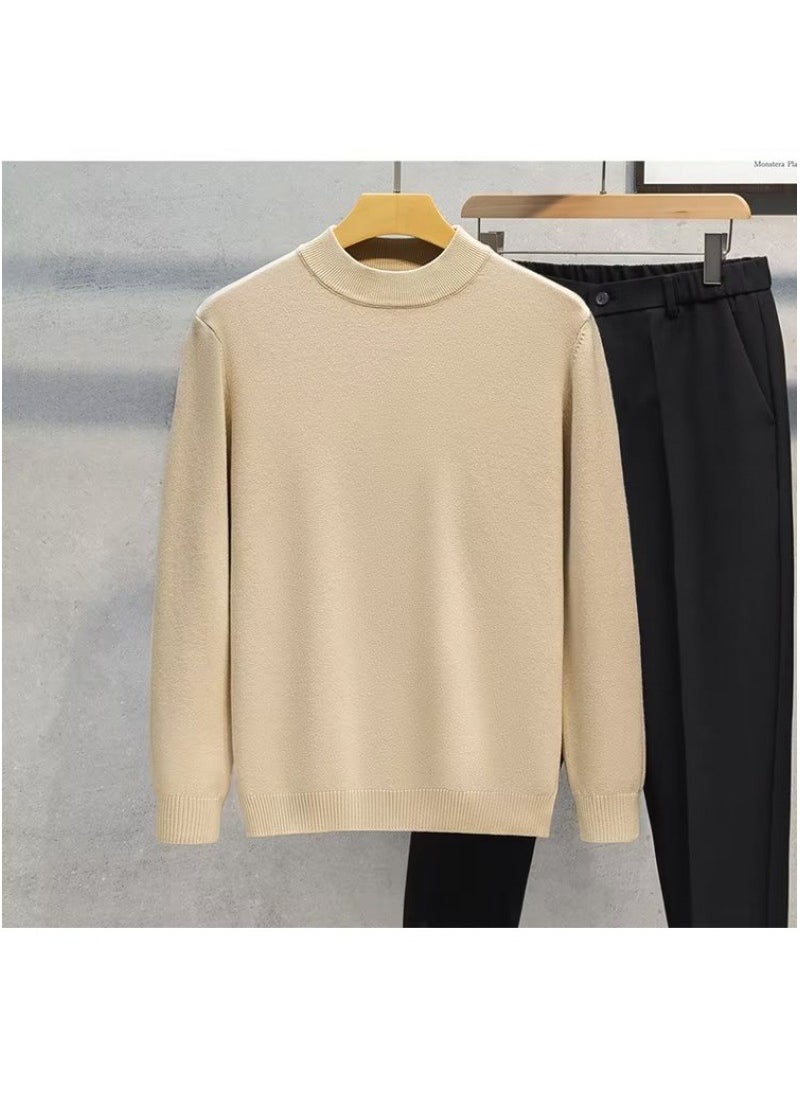 Generic - Mens Autumn Winter Fashionable Simple Round Neck Knitted Top Sweater Elastic Comfortable Soft Color Versatile Sleeve Sweatshirt Apricot - Image 1