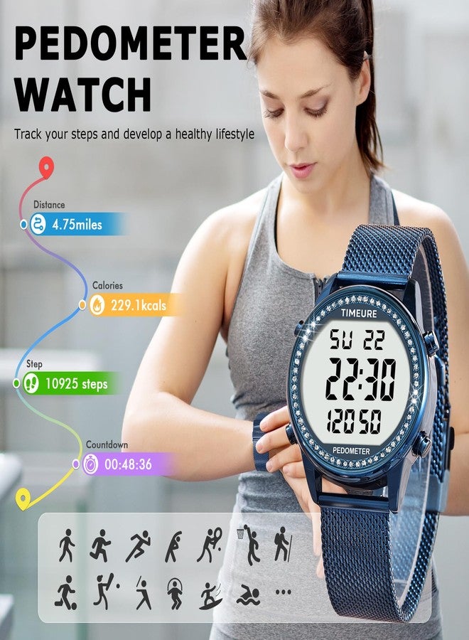 TIMEURE Women's Step Counter Pedometer Watch Crystal Stone, No App, No Charging Needed for Step, Calorie, Distance Tracking, Alarm, Countdown Timer, TU-2401 (Crystal Blue) - Image 3