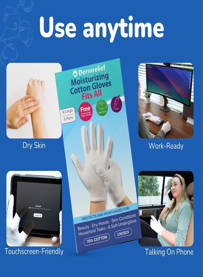 Dermrelief Cotton Gloves Fits All - for Beauty, Dry Hands, Eczema, Dermatitis and Psoriasis (5 Pairs) with Touchscreen Finger Sleeves (Extra Large) - Image 4