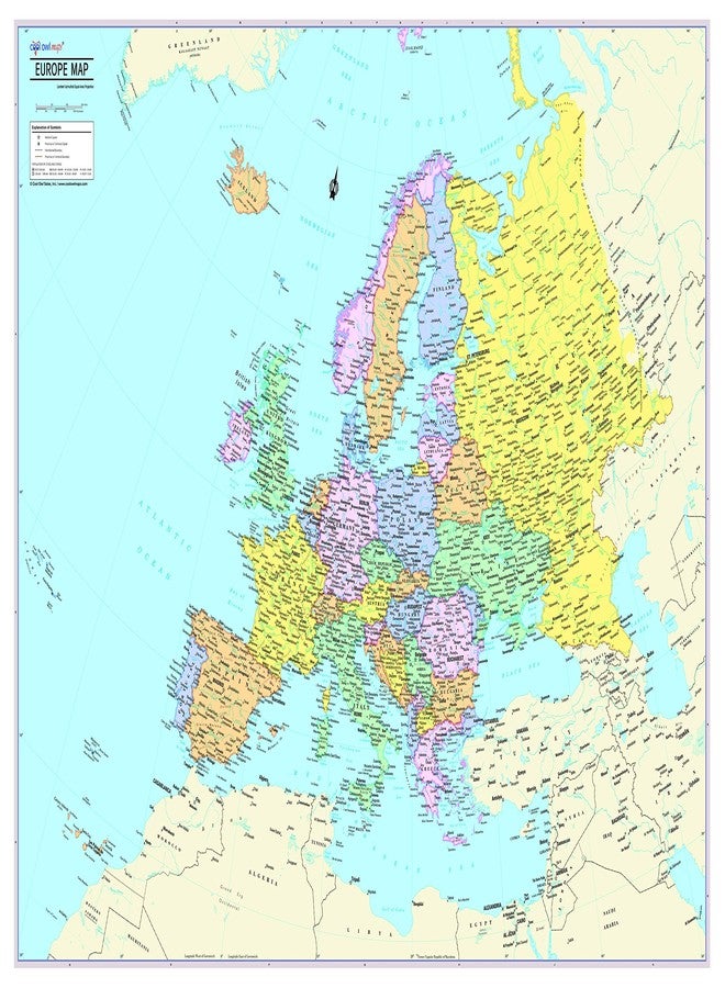 CoolOwlMaps Europe Continent Wall Map Poster - Laminated 32x24