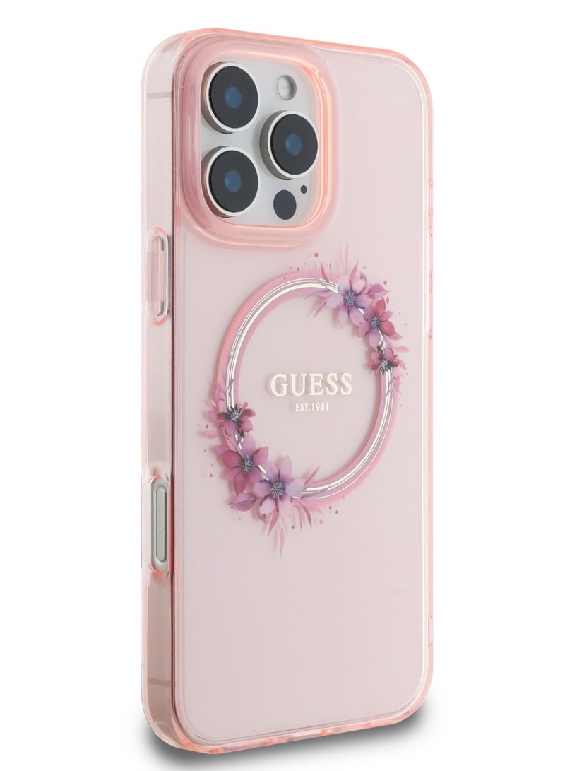 GUESS iPhone 16 Pro Max Magsafe Case IML Hard Cover with Flower Wreath Design / Drop protection / Lightweight back Cover / Comfortable Grip  - Pink - Image 1