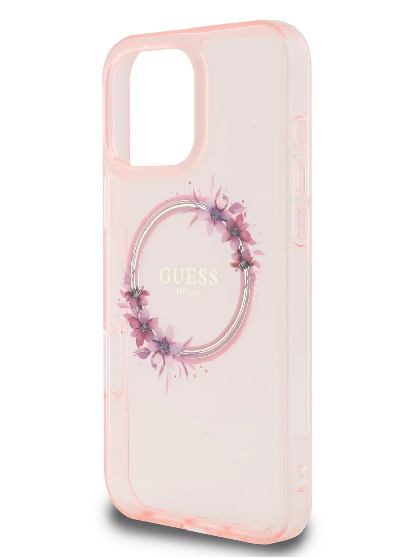 GUESS iPhone 16 Pro Max Magsafe Case IML Hard Cover with Flower Wreath Design / Drop protection / Lightweight back Cover / Comfortable Grip  - Pink