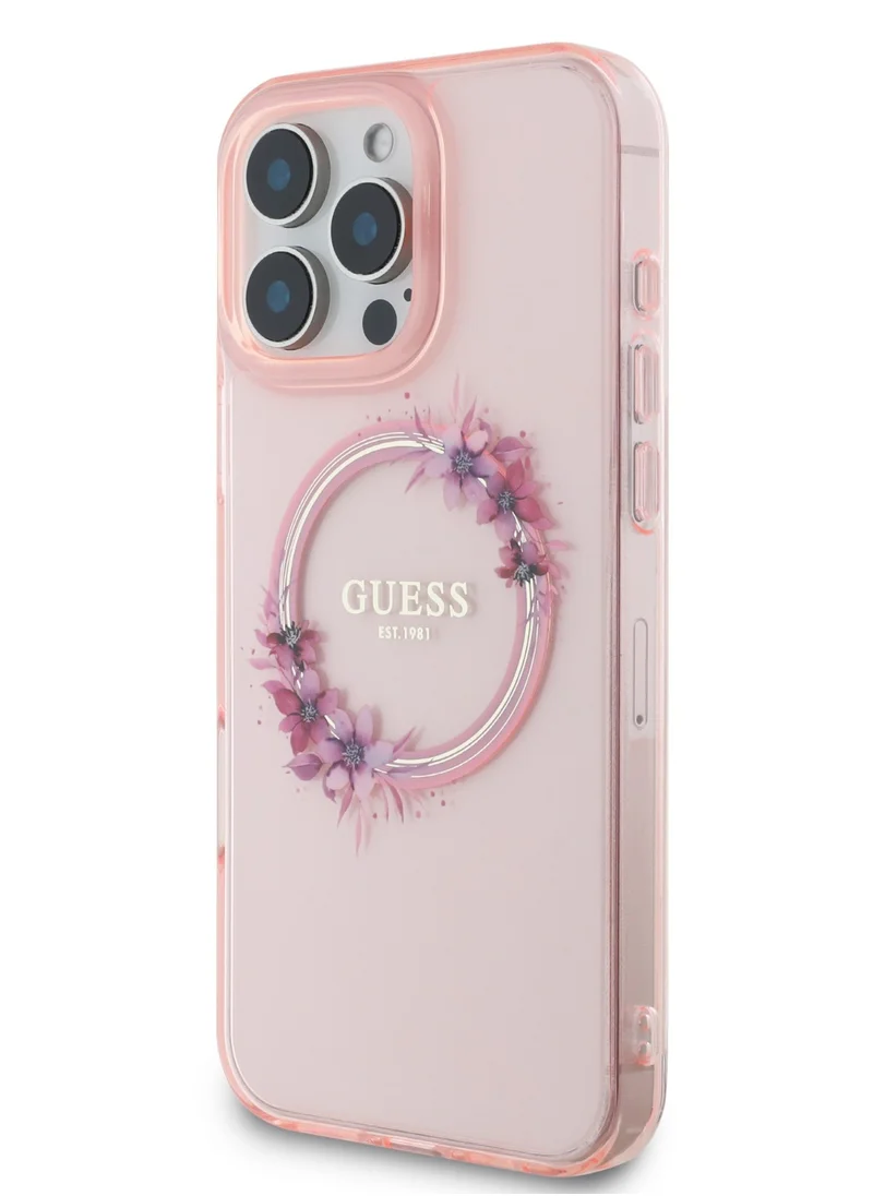 GUESS iPhone 16 Pro Max Magsafe Case IML Hard Cover with Flower Wreath Design / Drop protection / Lightweight back Cover / Comfortable Grip  - Pink