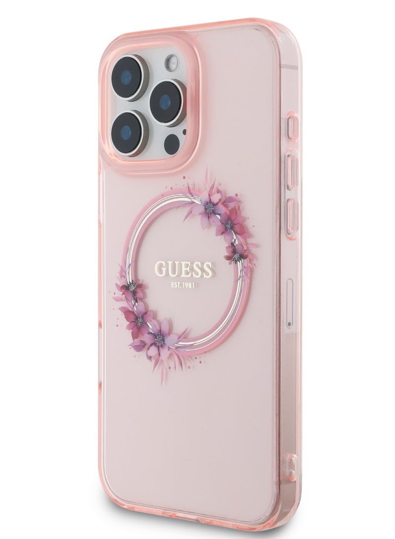 GUESS iPhone 16 Pro Max Magsafe Case IML Hard Cover with Flower Wreath Design / Drop protection / Lightweight back Cover / Comfortable Grip  - Pink - Image 4