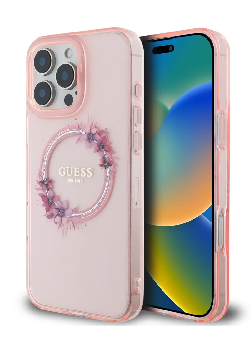 GUESS iPhone 16 Pro Max Magsafe Case IML Hard Cover with Flower Wreath Design / Drop protection / Lightweight back Cover / Comfortable Grip  - Pink