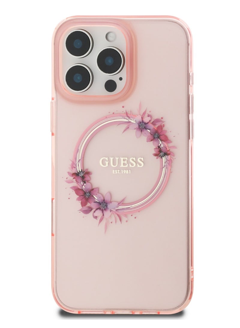 GUESS iPhone 16 Pro Max Magsafe Case IML Hard Cover with Flower Wreath Design / Drop protection / Lightweight back Cover / Comfortable Grip  - Pink - Image 2
