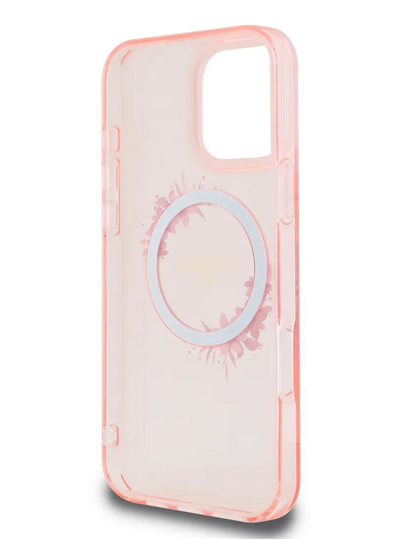 GUESS iPhone 16 Pro Max Magsafe Case IML Hard Cover with Flower Wreath Design / Drop protection / Lightweight back Cover / Comfortable Grip  - Pink