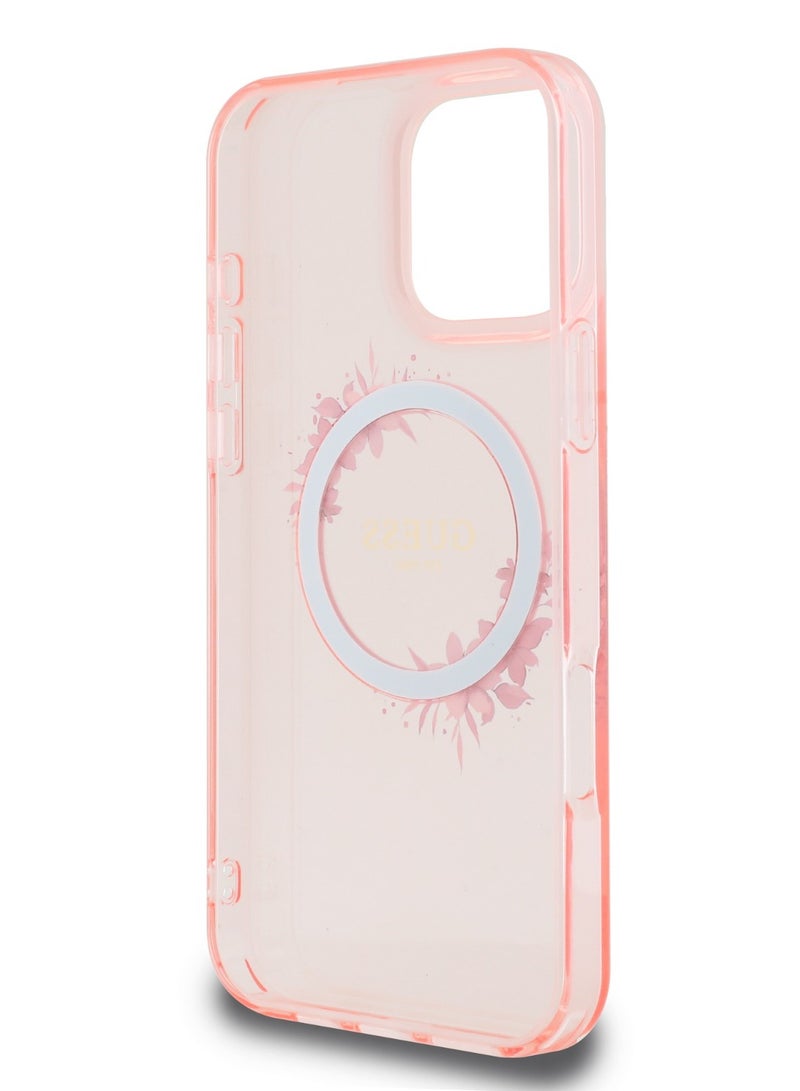 GUESS iPhone 16 Pro Max Magsafe Case IML Hard Cover with Flower Wreath Design / Drop protection / Lightweight back Cover / Comfortable Grip  - Pink - Image 3