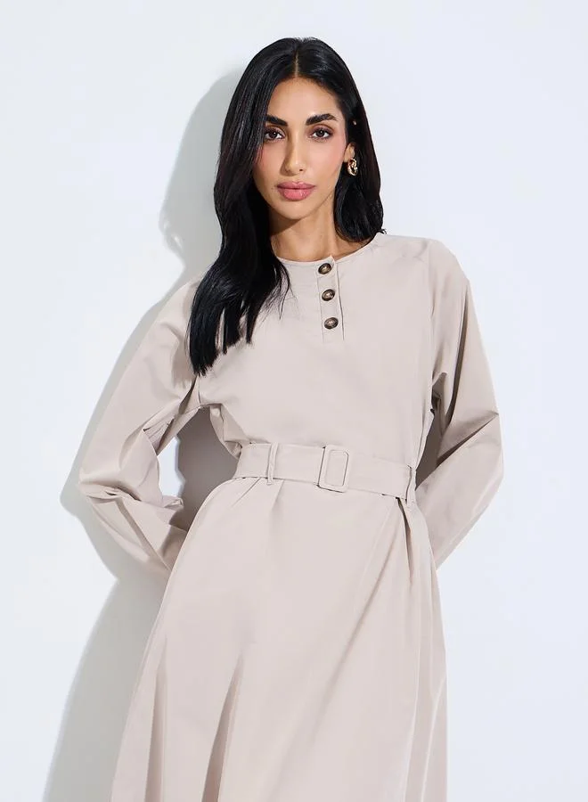 ستايلي Khaki A-Line Belted Midi Dress with Long Sleeves