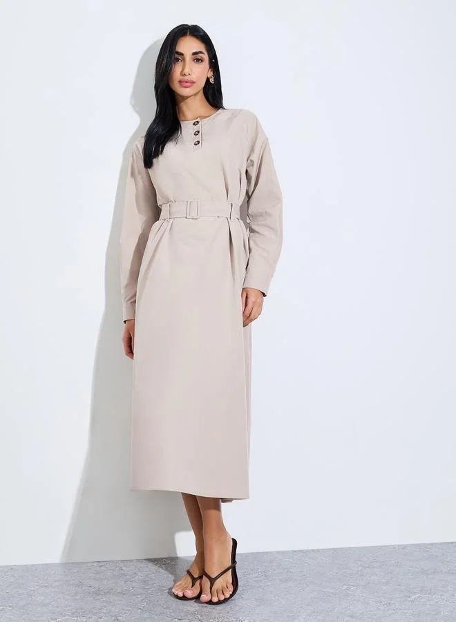 ستايلي Khaki A-Line Belted Midi Dress with Long Sleeves