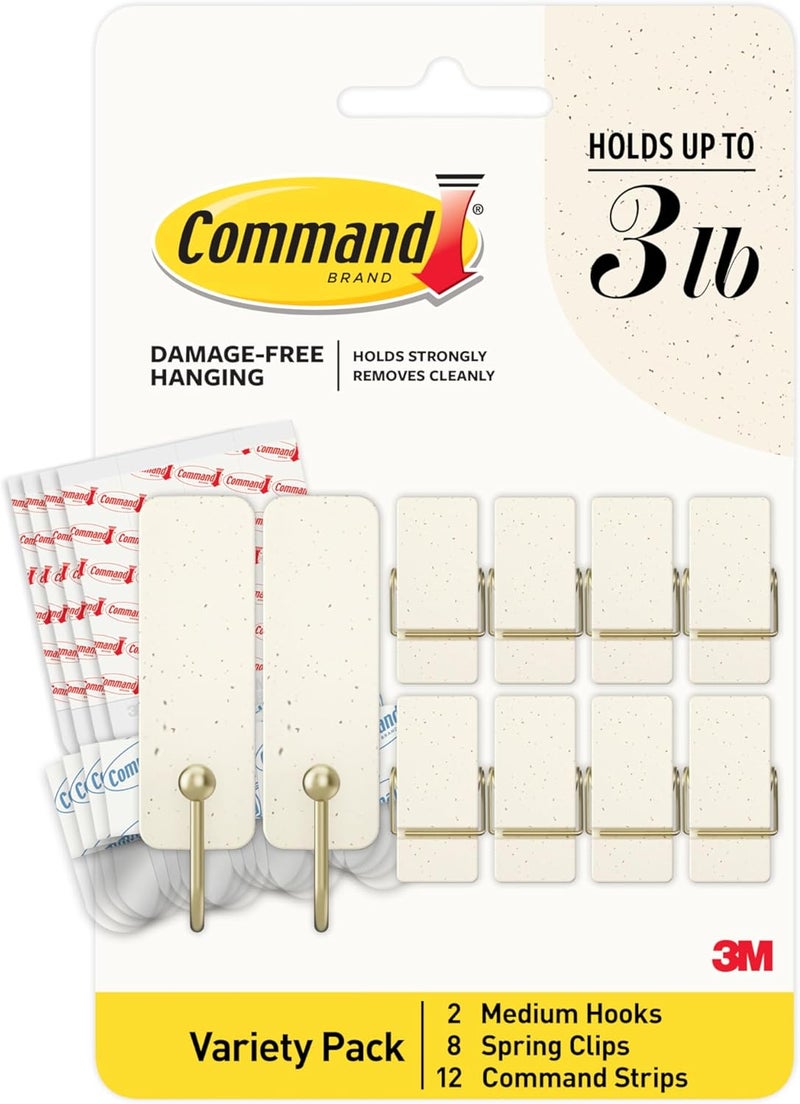 Command Mixed Hook Pack, Cream Speckle, 2 Medium Hooks, 8 Spring Clips, Great for Hanging Christmas Decorations - Image 1
