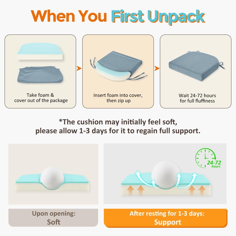 downluxe Chair Cushions for Dining Chairs, Memory Foam Linen Kitchen Chair Pads with Ties, Waterproof, Stain-Resistant and Washable Cover, 17" x 16" x 2.5", Blue, 4 Pack - Image 5