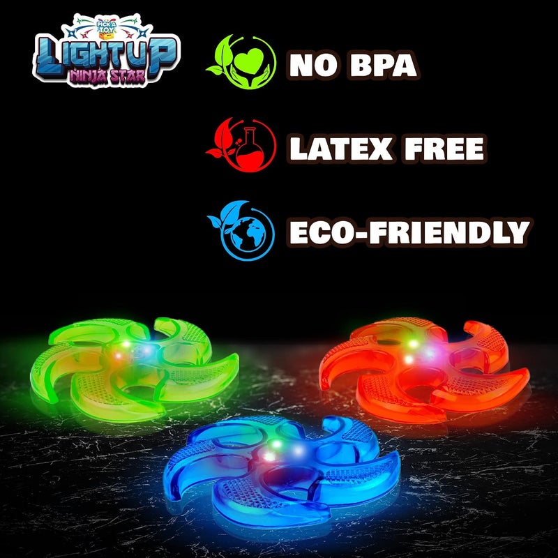 PICK A TOY Light Up Ninja Flyers Set, 3 LED Electronic Stars, Heavy Duty Rubber Throwing Discs, Fun and Interactive Kids for Tossing, Games, and Play, 3 Colors, Includes Gift Box - Image 4