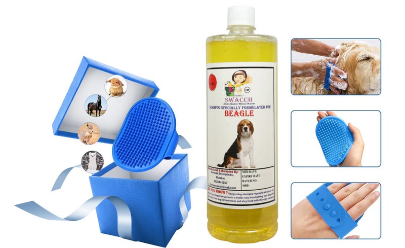 swacch Shampoo | Puppy Safe Shampoo | PH Balanced | Beagle Dog Shampoo 1 Litre Lemon + | Rubber Bath Brush with Adjustable Straps | Pet Massage | Soothing Bristles Hand Brush I Combo Pack - Image 2